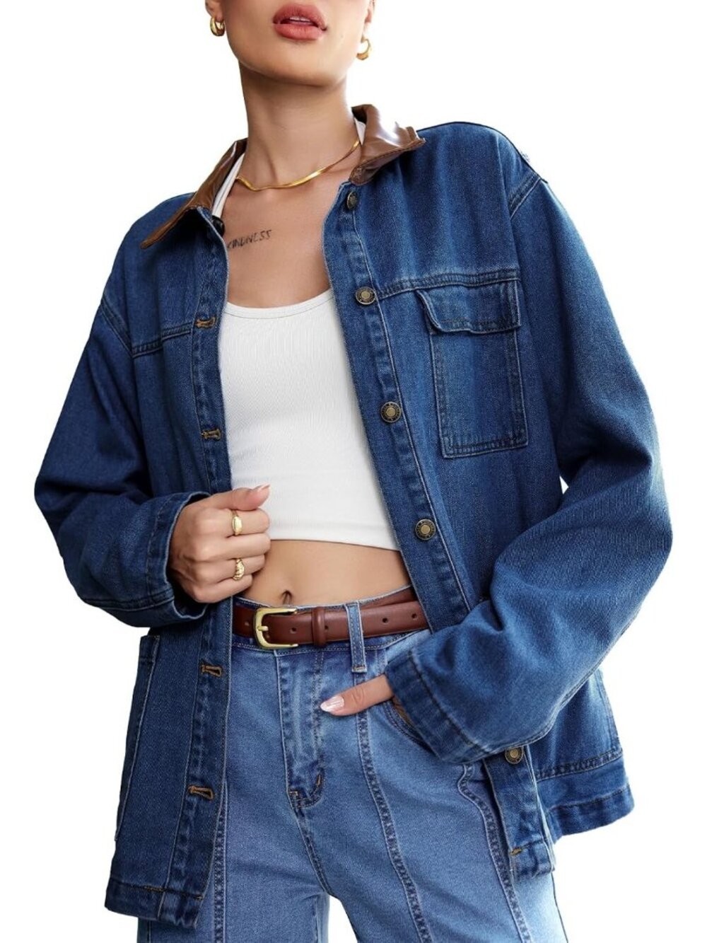 Women’s Bluing Long Sleeve Button Down Trendy Denim Jean Jacket Shacket